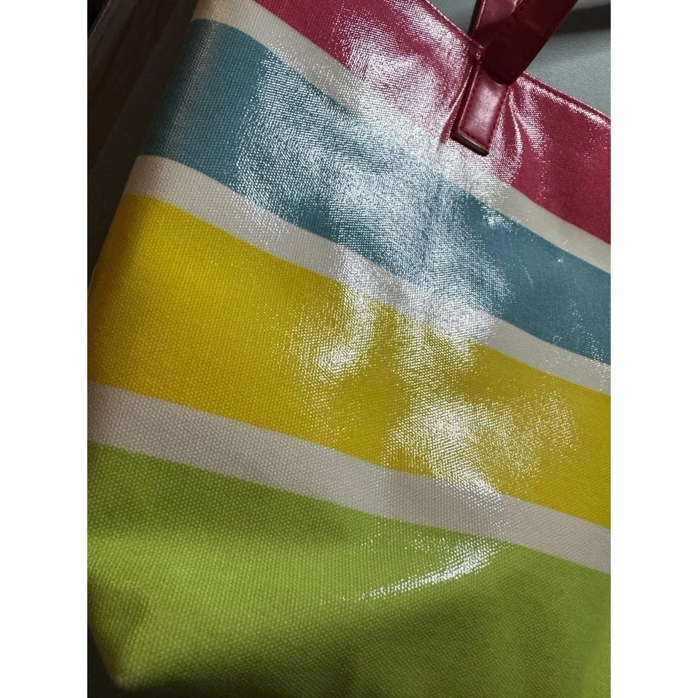 CHI for Ulta Beauty Pink Blue Yellow Green Striped Tote Bag Vinyl Easy Clean